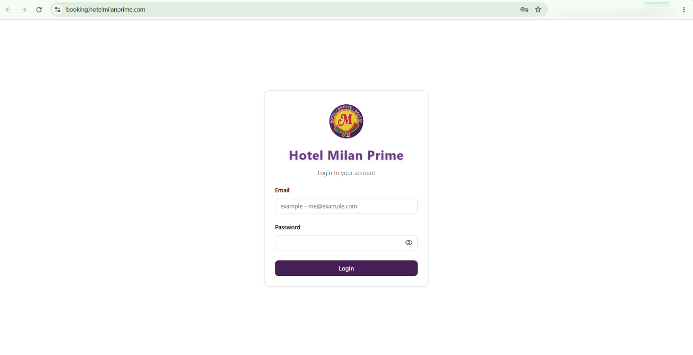 Booking Hotel Milan Prime -- a dedicated booking portal for Hotel Milan Prime, allowing guests and staff to securely log in and manage room reservations online.