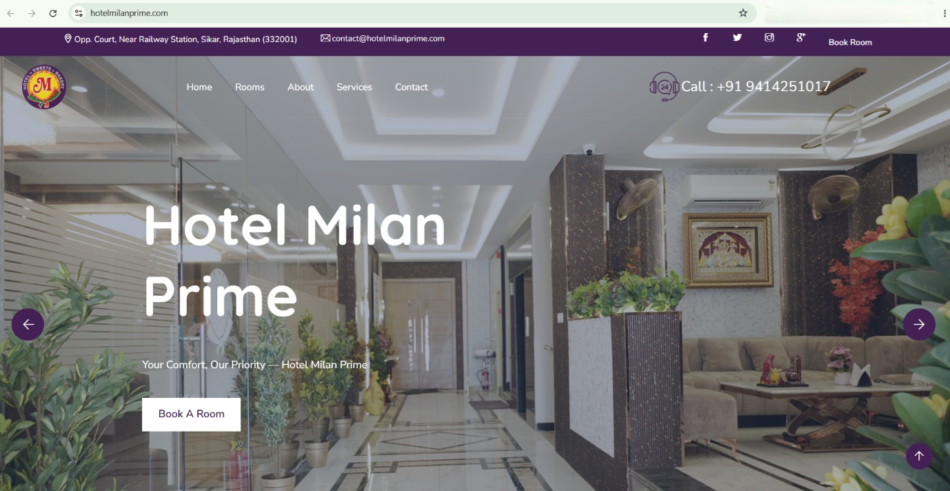Hotel Milan Prime -- a hotel website for a Sikar, Rajasthan-based property showcasing rooms and amenities, with online room booking and direct contact options.