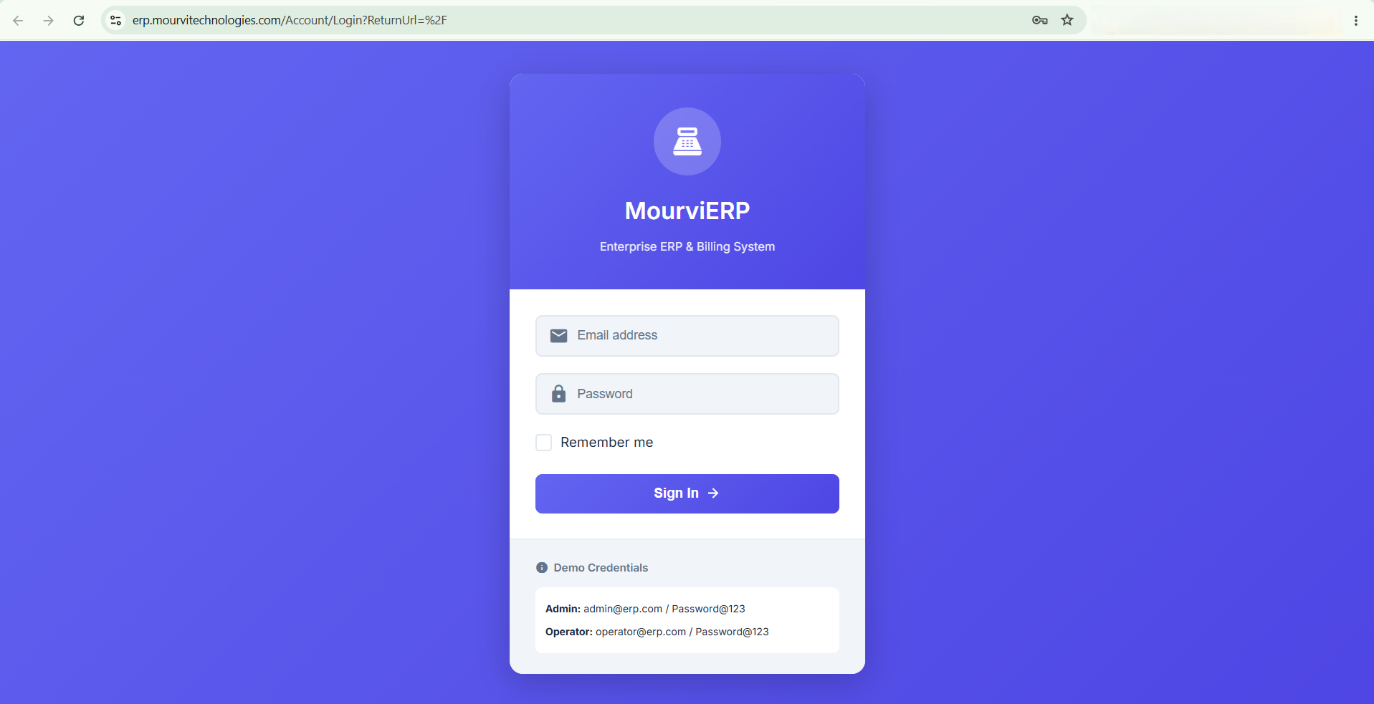 ERP Solution Mourvi -- MourviERP is an enterprise ERP and billing system built for Mourvi Technologies, providing secure login-based access for admins and operators to manage business operations.