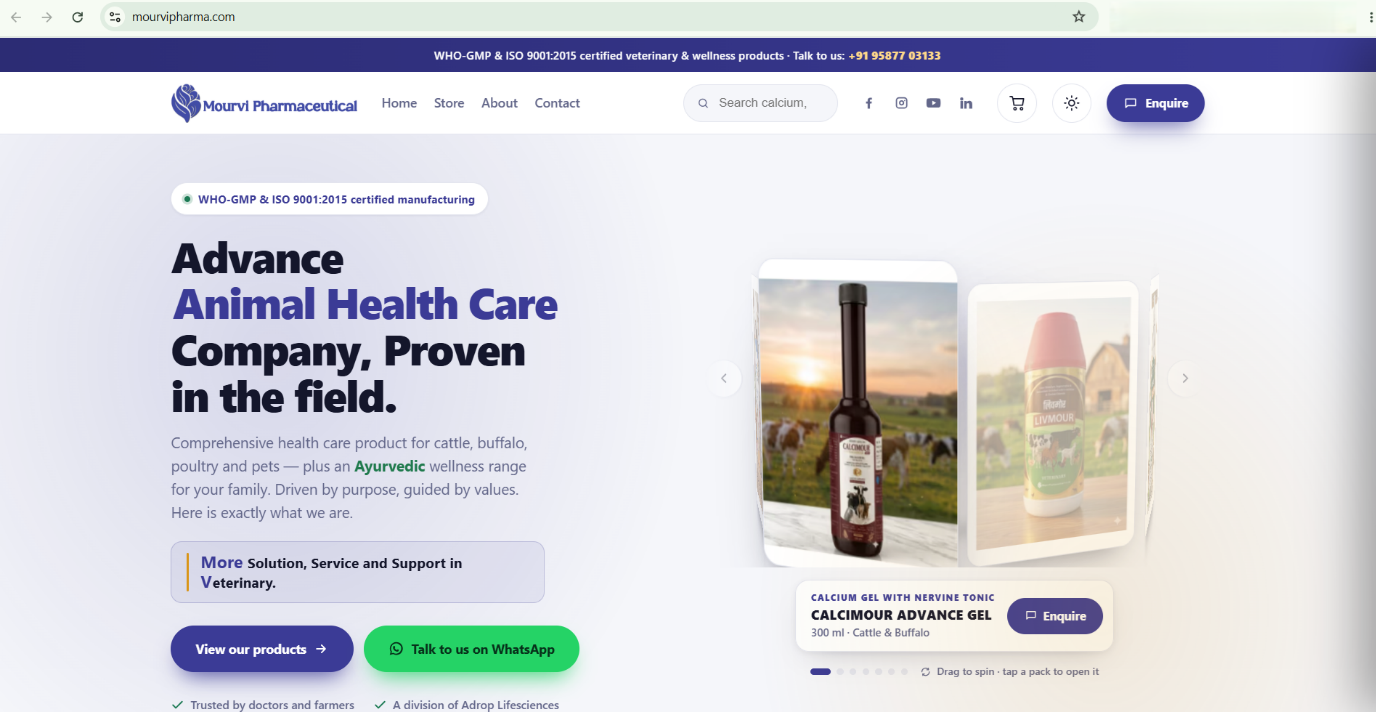 Mourvi Pharmaceutical Pvt Ltd -- a WHO-GMP and ISO 9001:2015 certified veterinary and wellness product company website, featuring an online store for cattle, buffalo, poultry and pet healthcare products.